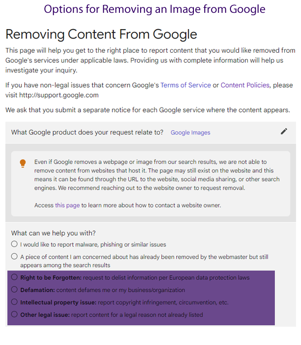 options for removing an image from Google