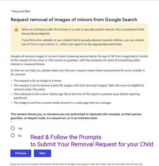 Request removal of images of minors from Google Search