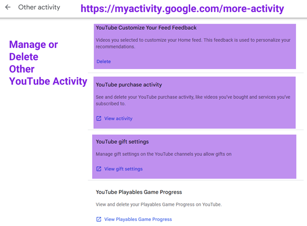 all Youtube activity management options