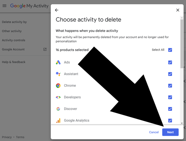 choose activity for deletion