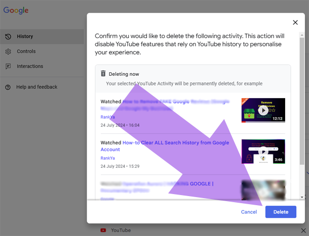 delete youtube activity history