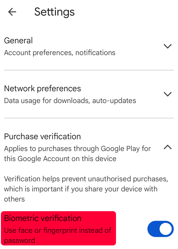 purchase verification Google Play Settings