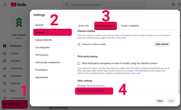 Advanced Settings Remove YouTube Account