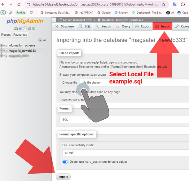 Crazy Domains PHPMyAdmin Import SQL Option