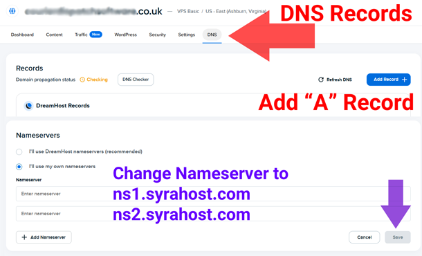 DreamHost DNS Record menu