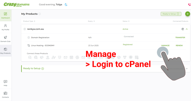 Crazy Domains Account Dashboard