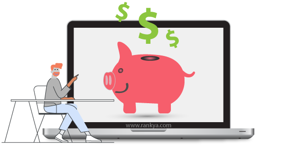 laptop piggy dollar sign and person sitting illustration