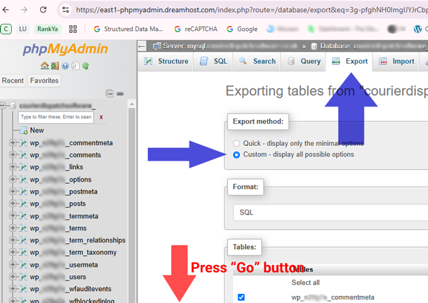 PHPMyAdmin DreamHost database export option