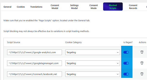 Blocked Scripts Settings Pressidium Cookie Consent plugin