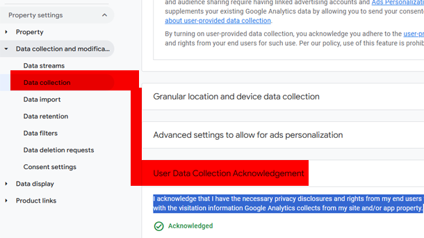 Google Analytics User Data Collection Acknowledgement